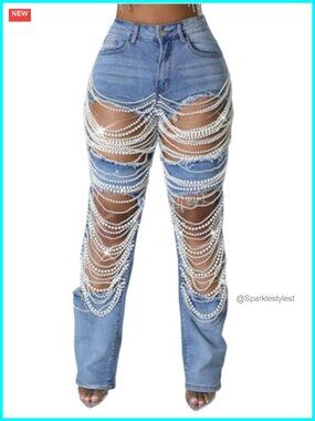 Women's Rhinestone Pearl Ripped Baggy Distressed Denim Jeans